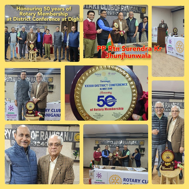Recognition Award for 50 Years Membership in Rotary -PP Rtn Srendra Kr Jhunjhunwala of R C Raniganj received at Rotary District Conference at Digha.